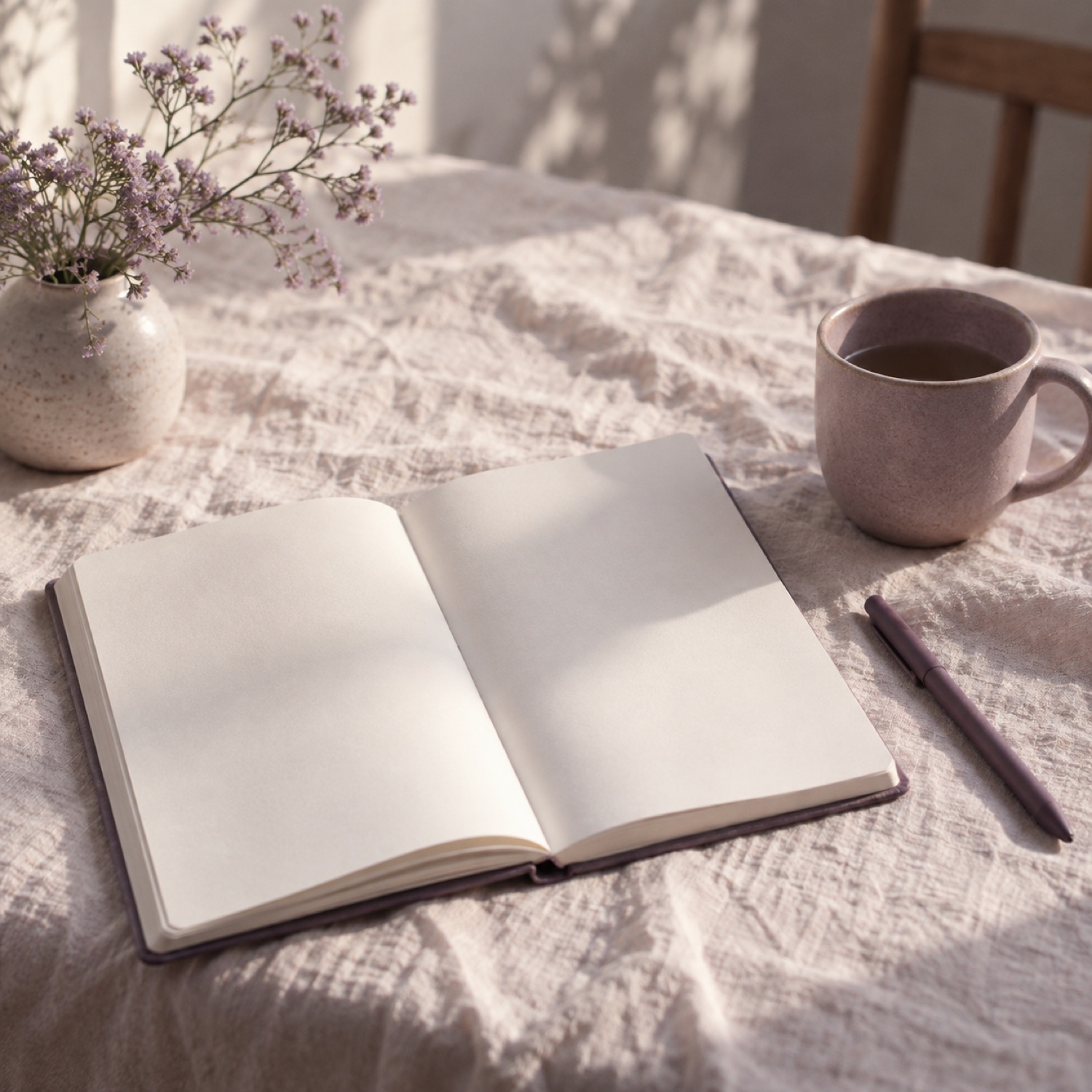 Carnet ouvert aux pages vierges et stylo posés sur une nappe de lin