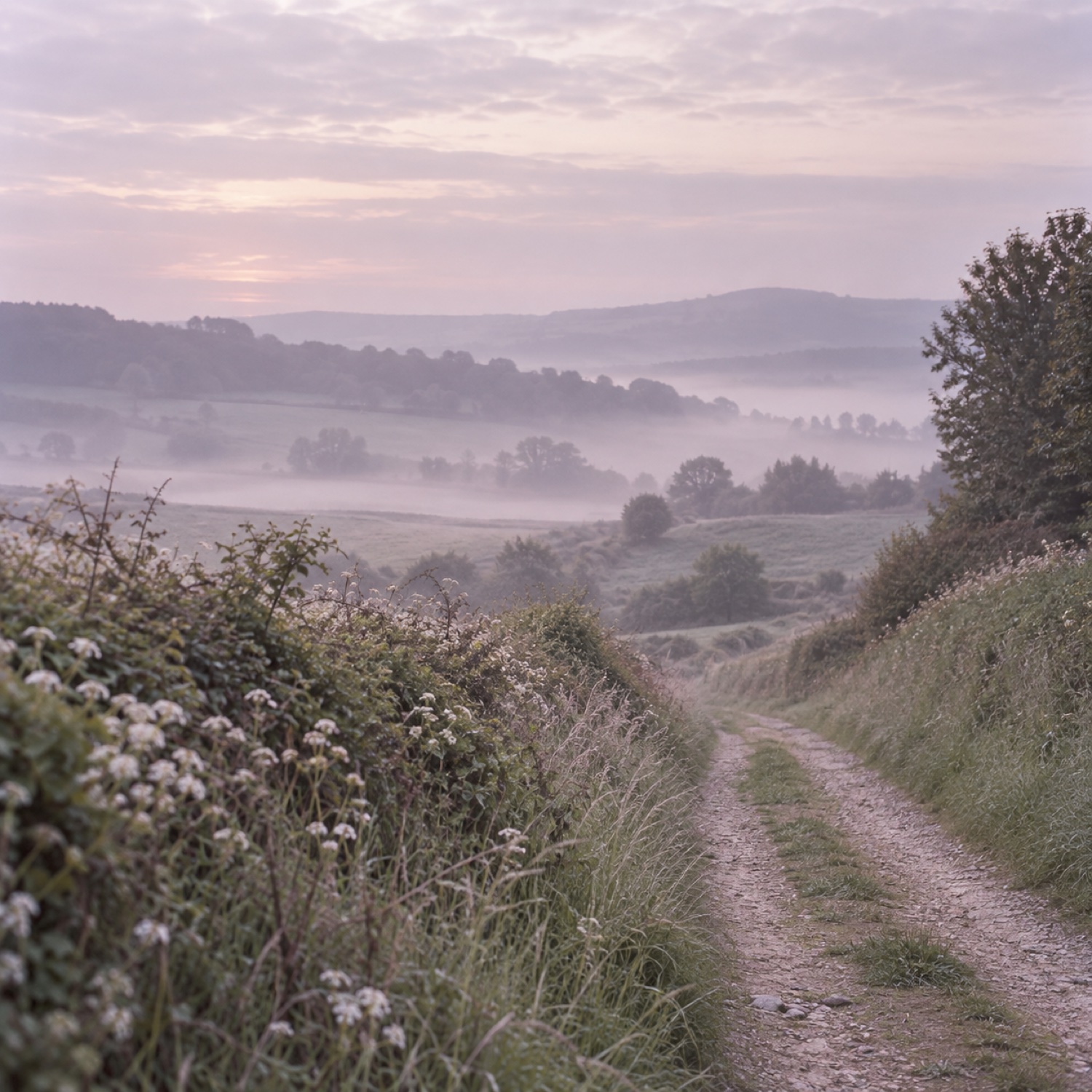 Chemin de terre s'enfonçant dans la campagne au petit matin, brume basse