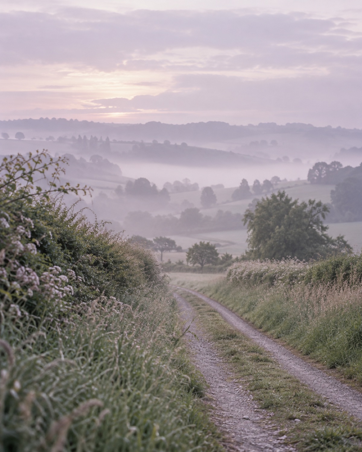 Chemin de terre s'enfonçant dans la campagne au petit matin, brume basse