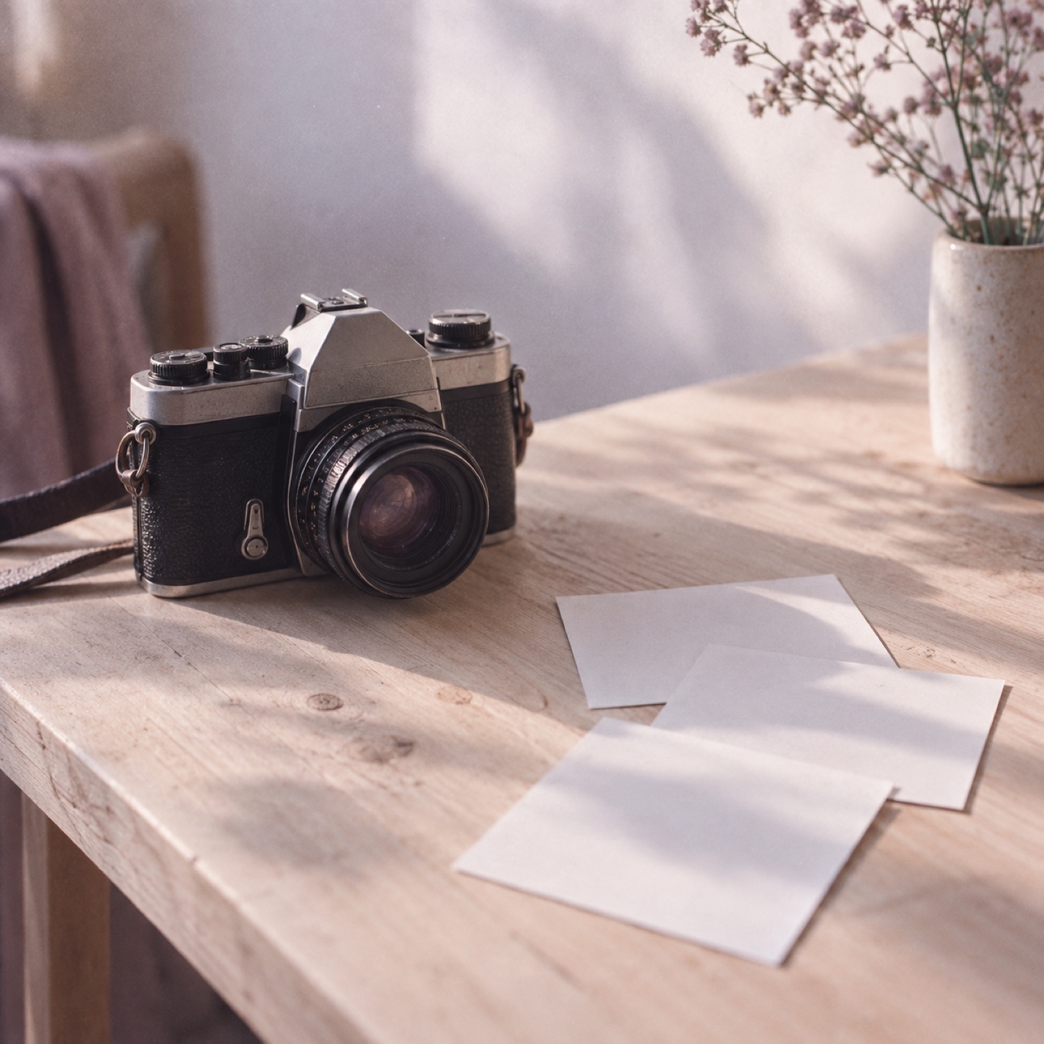 Appareil photo argentique et tirages retournés sur une table en bois clair