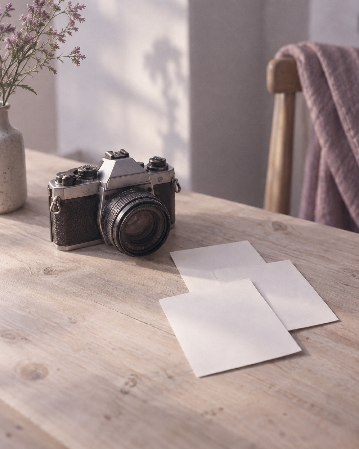 Appareil photo argentique et tirages retournés sur une table en bois clair