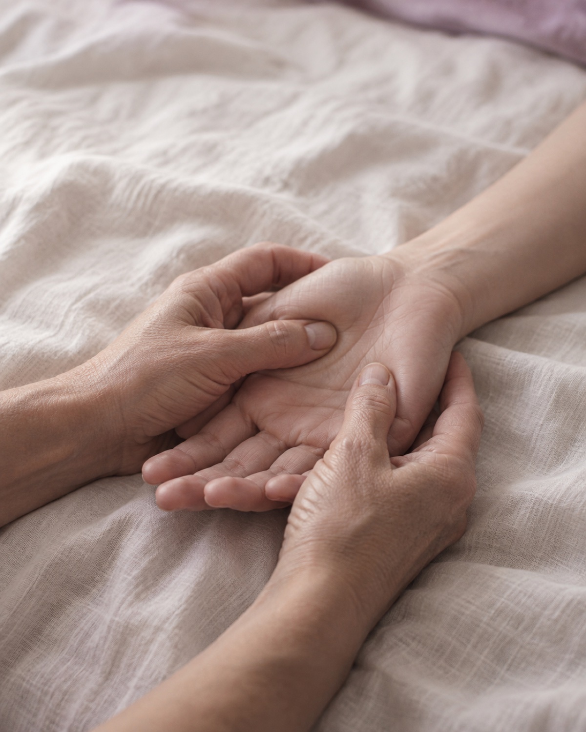 Massage des mains lors d'un soin métamorphique, sur un drap de lin clair